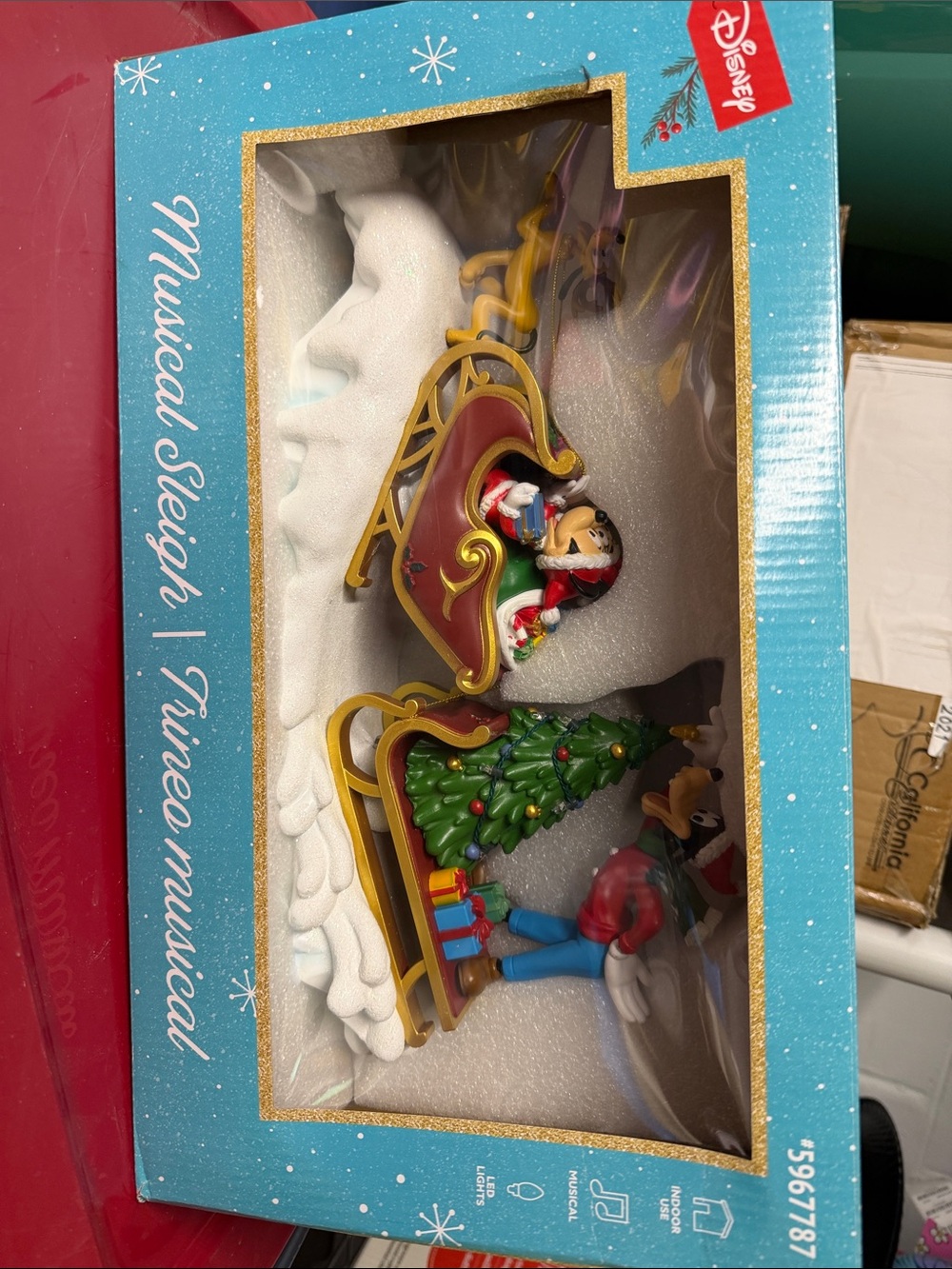 Disney Red and Green Musical Sleigh with Mickey  Minnie  Pluto & Goofy